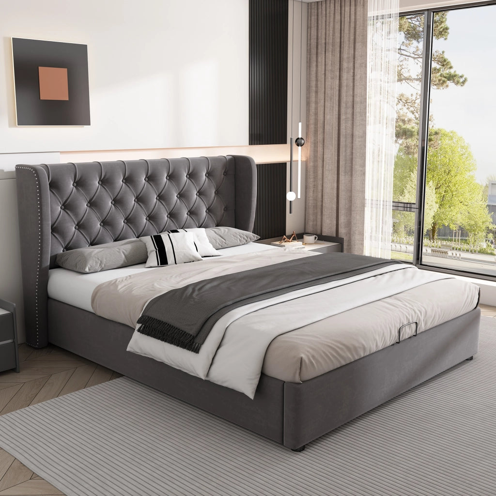 OKWISH Letto Contenitore 140×190 cm, Letto Matrimoniale con Sollevamento Idraulico, Testiera Imbottita e Borchie, senza Materasso, Velluto, Grigio