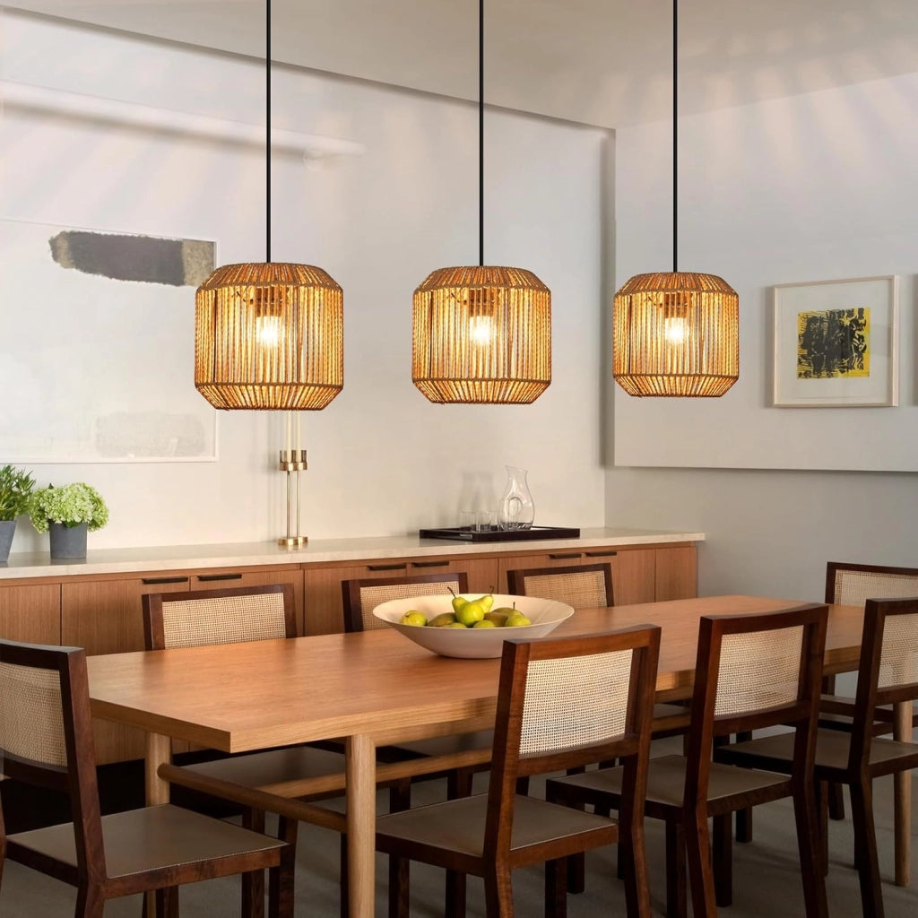 Lampada a sospensione ZMH vintage a 3 luci in stile legno e rattan (lampadina non inclusa)
