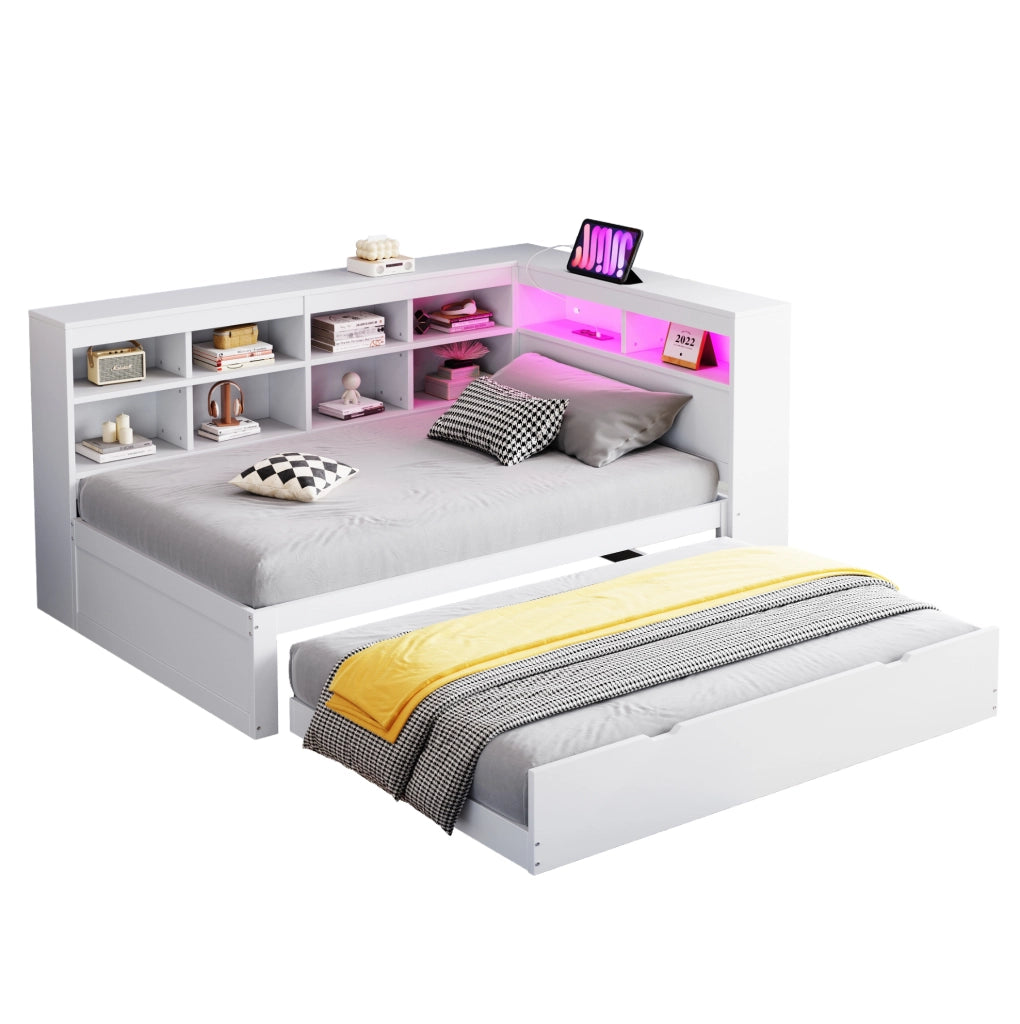 Letto singolo multifunzionale con letto estraibile 90x200 cm; USB; LED; bianco