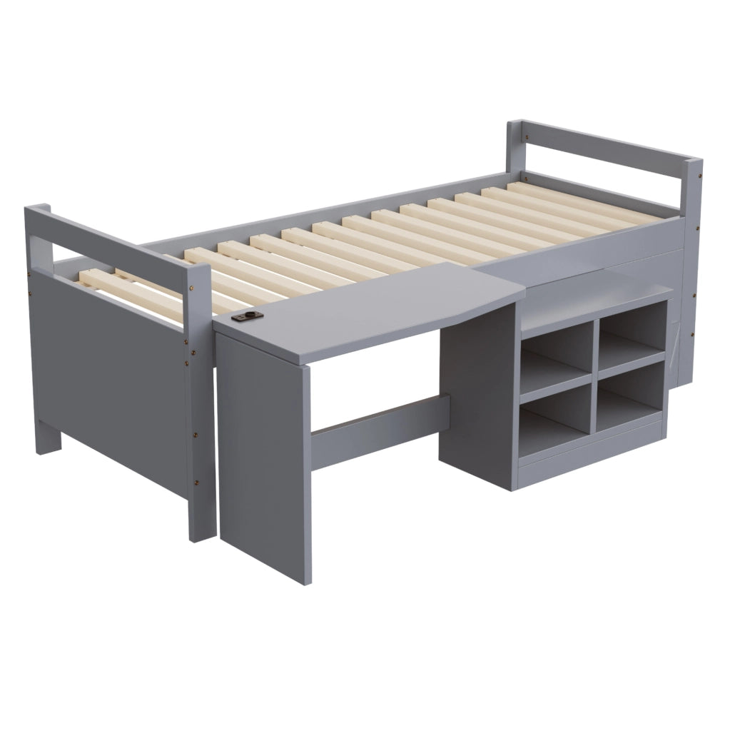 Letto multifunzionale 90x200 cm con scrivania; vani contenitore e prese USB; grigio