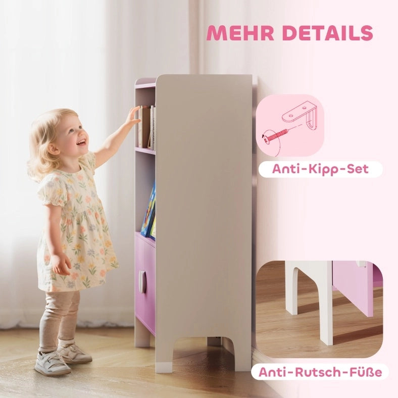 Libreria per bambini rosa con vani aperti e armadietti, 60 x 35 x 100 cm
