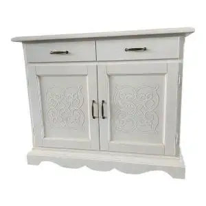 Credenza madia Alberta in legno 2 ante con rilievo bianco opaco con zocolo sagomato