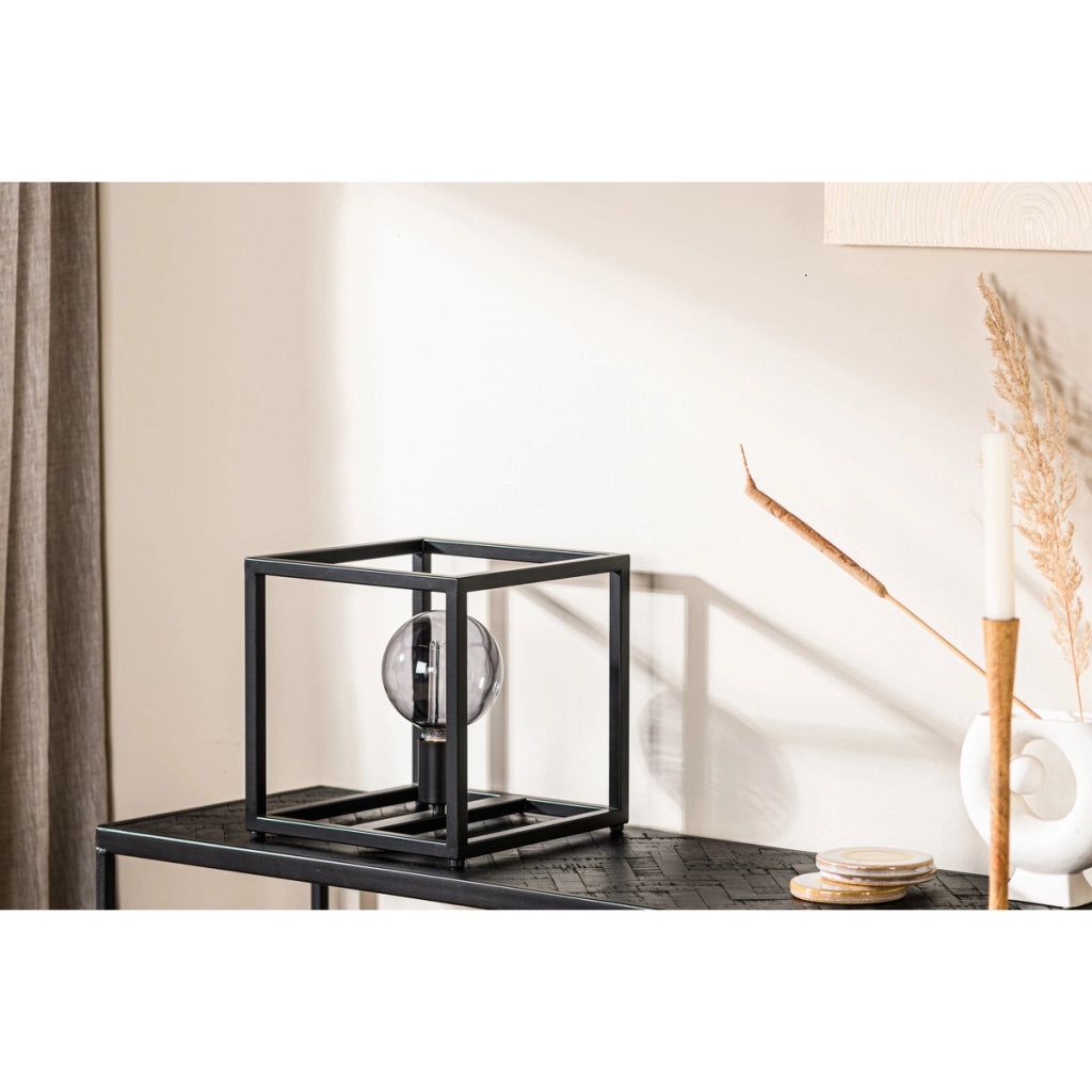 Lampada da tavolo T340 nera a cubo in metallo, 28 cm