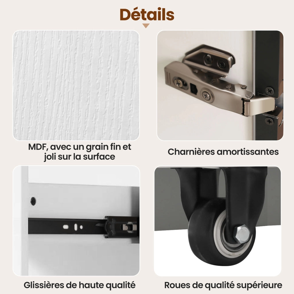 Libreria Vetrina con 1 Anta; cassetto laterale estraibile con ruote e LED; in MDF; Bianco; 70??40??160 cm