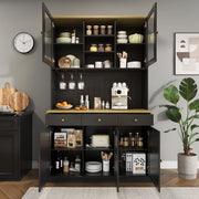 OKWISH Credenza Alta con Ante in Vetro, Cassetto, Ripiani Regolabili e Prese USB, per Cucina, MDF, 120 x 40 x 191 cm
