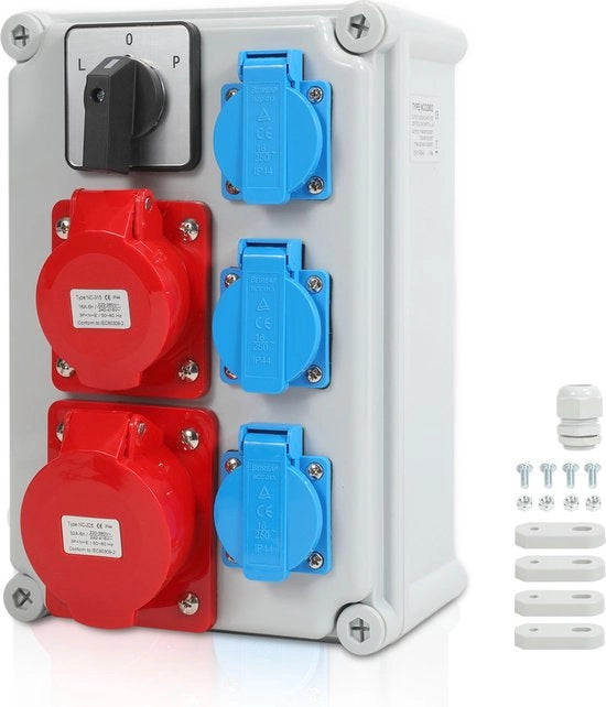 Distributore di corrente distribuisce alimentazione per edificio con commutatore L-0-P e MCB, pannello di distribuzione per edificio con 3x prese Schuko e prese CEE 16/32A