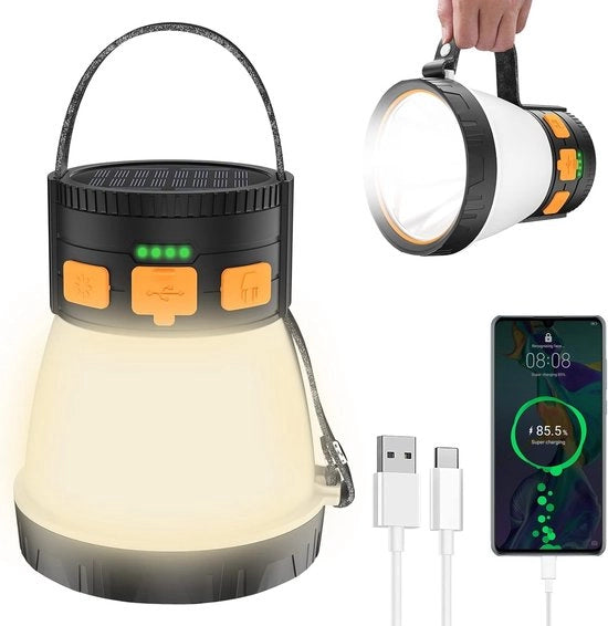 Lanterna da Campeggio 1500 Lumen - Ricaricabile e con Pannello Solare - Impermeabile - 8 Modalità di Illuminazione - Torcia di Emergenza per Esterno - Escursionismo - Orkan