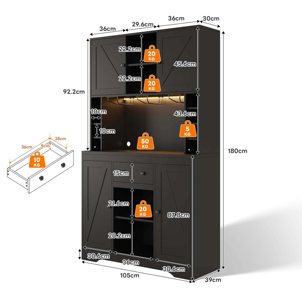 Buffet da cucina alto 180x105x40 cm nero in truciolare con LED; prese e portabicchieri