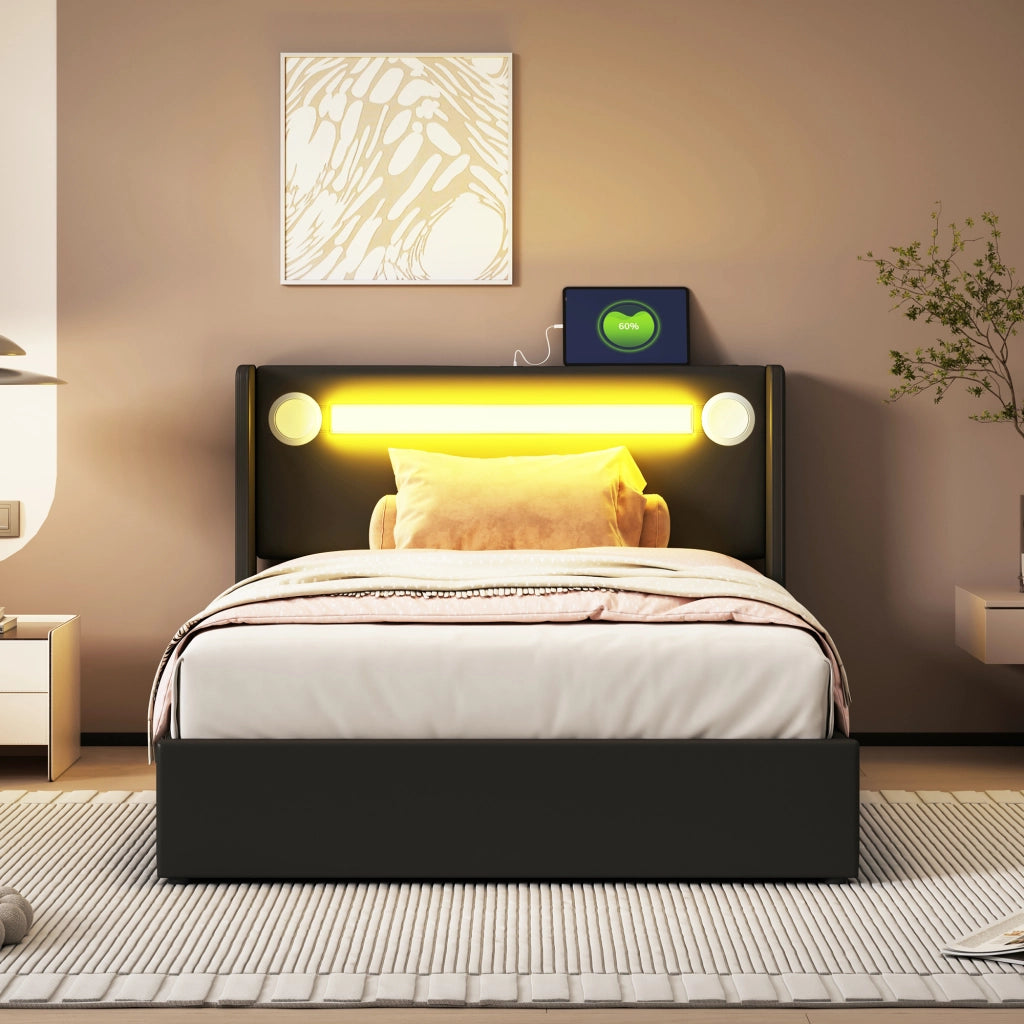 Letto imbottito nero con funzione LED bluetooth e ricarica USB in PU pelle 90x200 cm