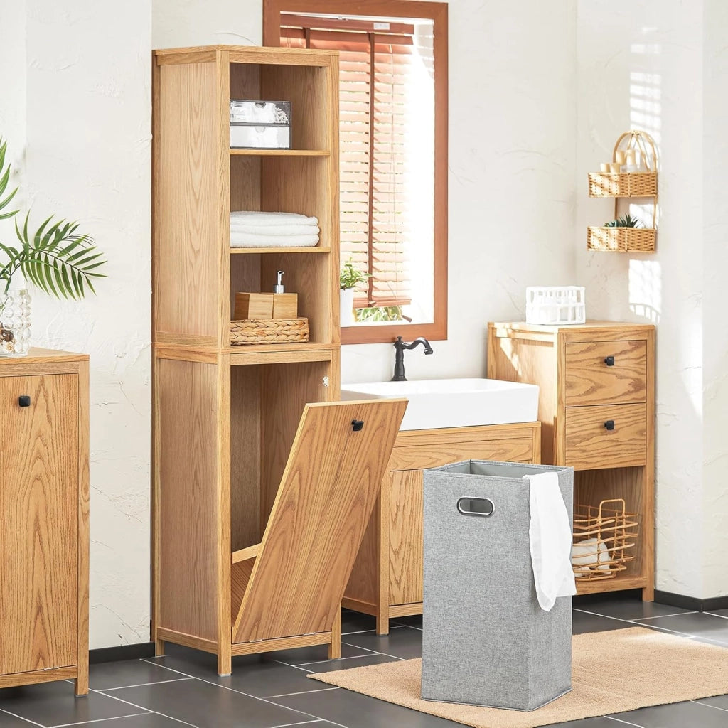Mobile Bagno Armadio da Bagno con Sacco per Biancheria, Mobiletto Salvaspazio Mobile Lavanderia 40x172x35 cm, MDF Naturale, Grande Capacità, Facile da Montare BZR95-N