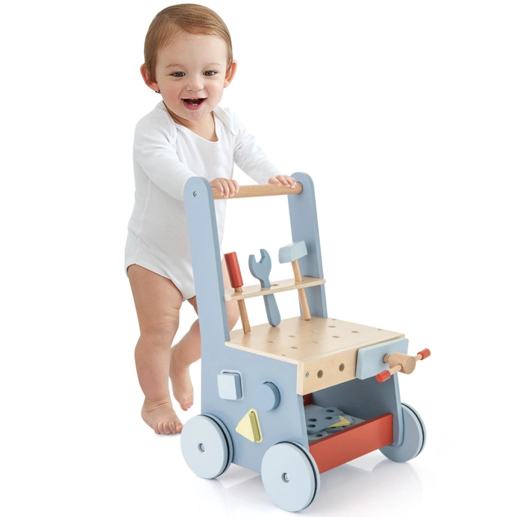 Carrello primi passi per bambini di legno, Camminatore per bambini e giocattoli multifunzione con attrezzi 30x30x47cm-Primi passi