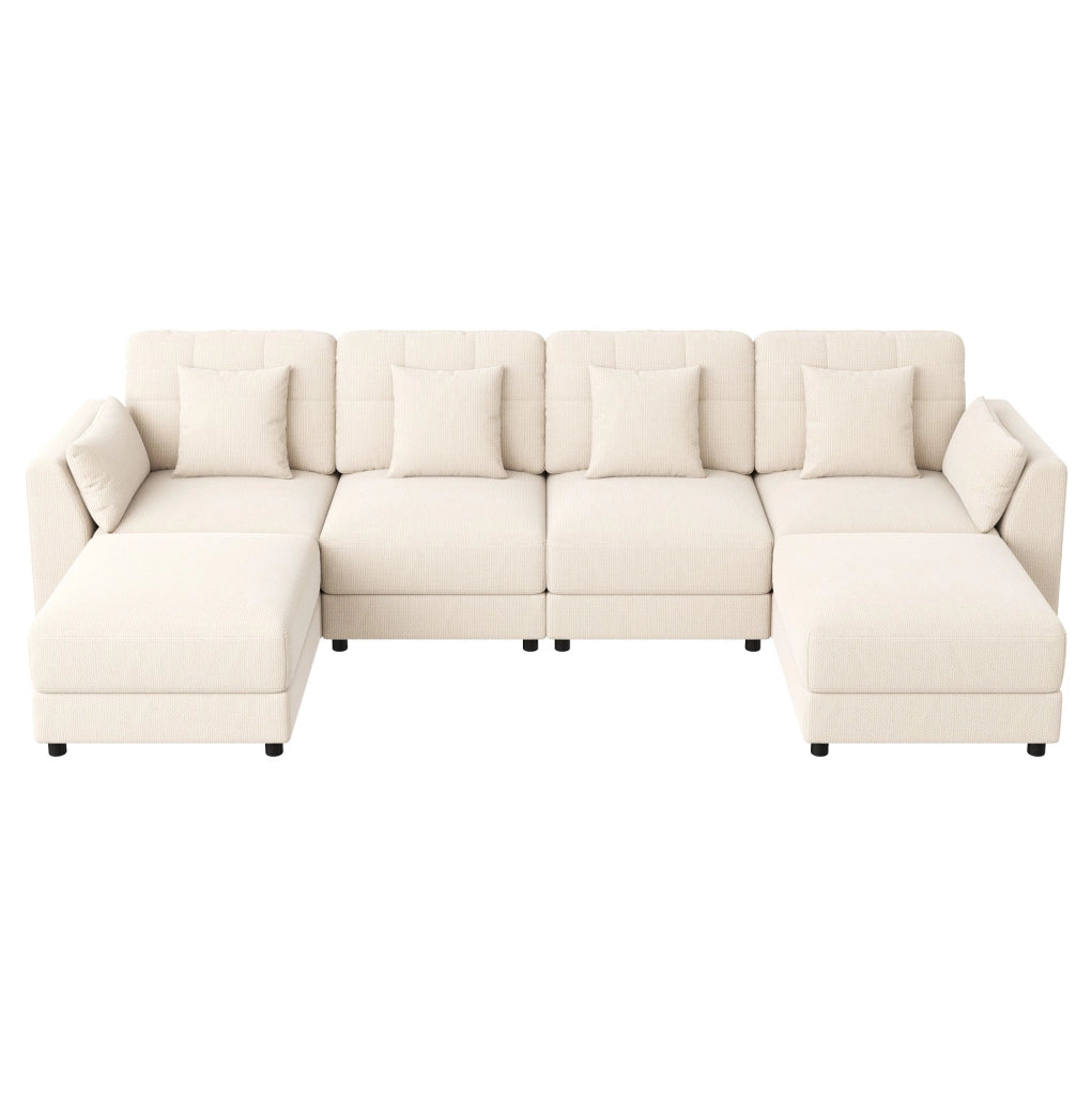 Sofa modulare U/L in chenille beige con LED; 2 pouf mobili e tavolino ribaltabile