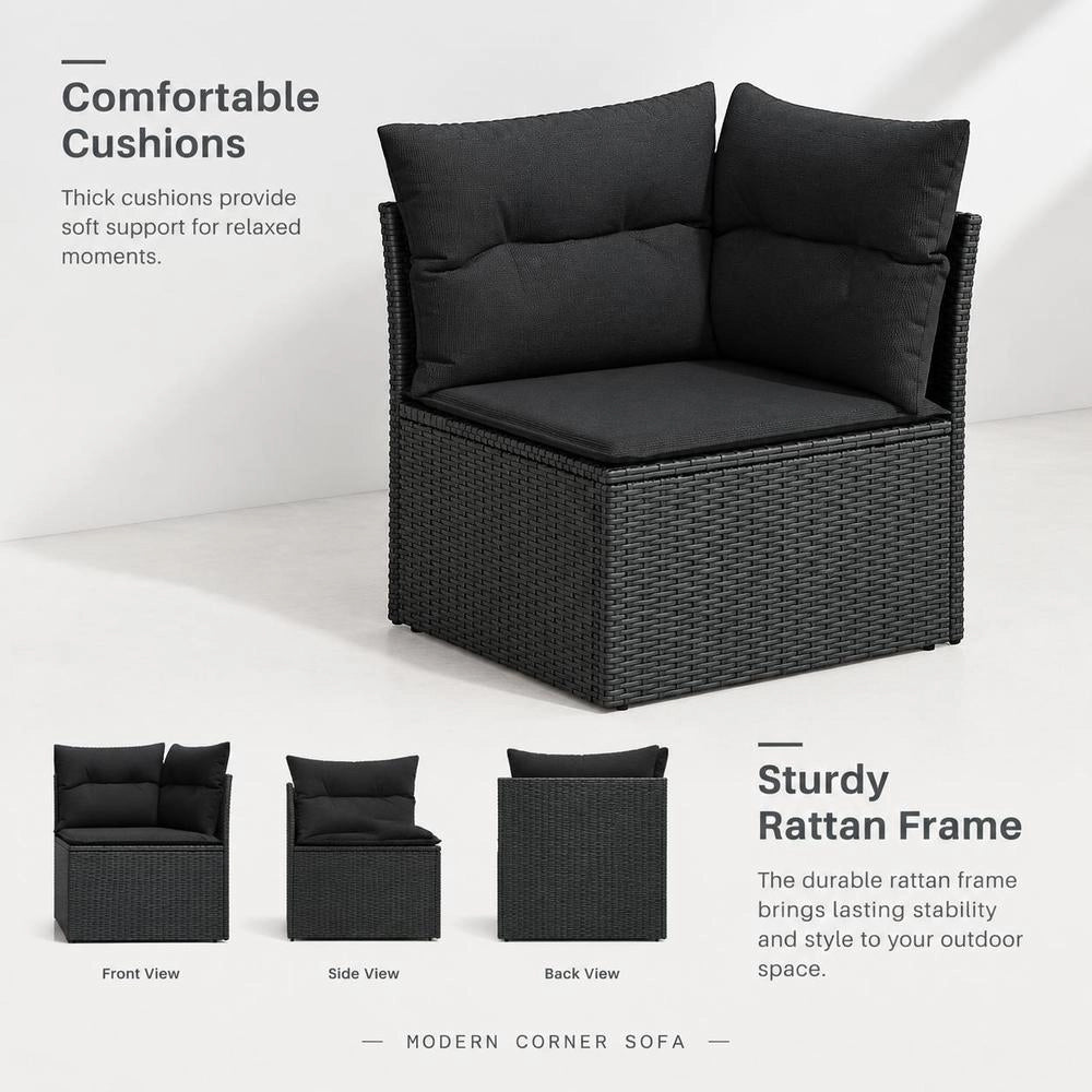 Garden Sofa Corner Unit With Cushions, Black Poly Rattan
