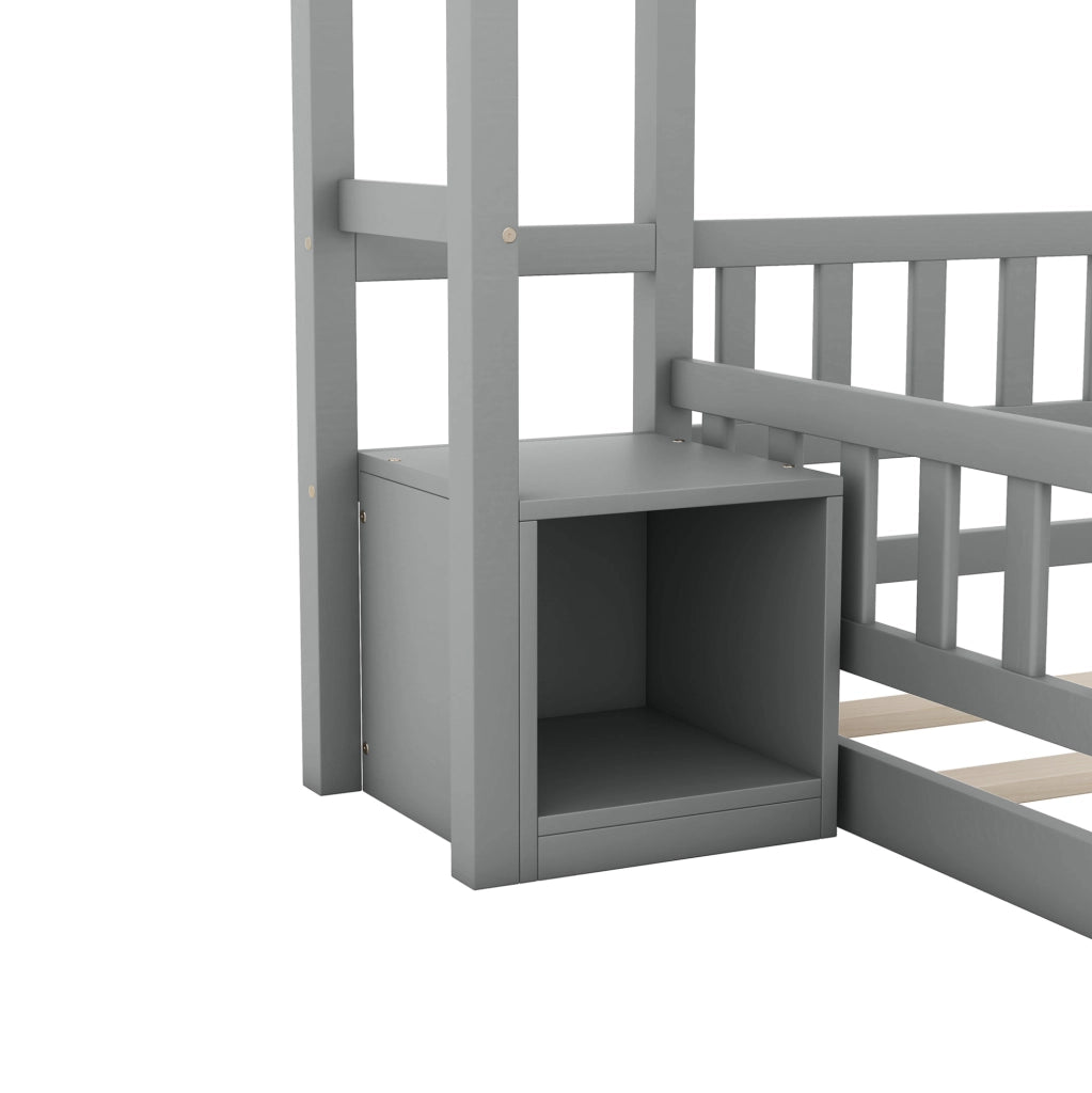 Letto per bambini a casetta 140x200 cm con comodino e sponda di sicurezza; grigio