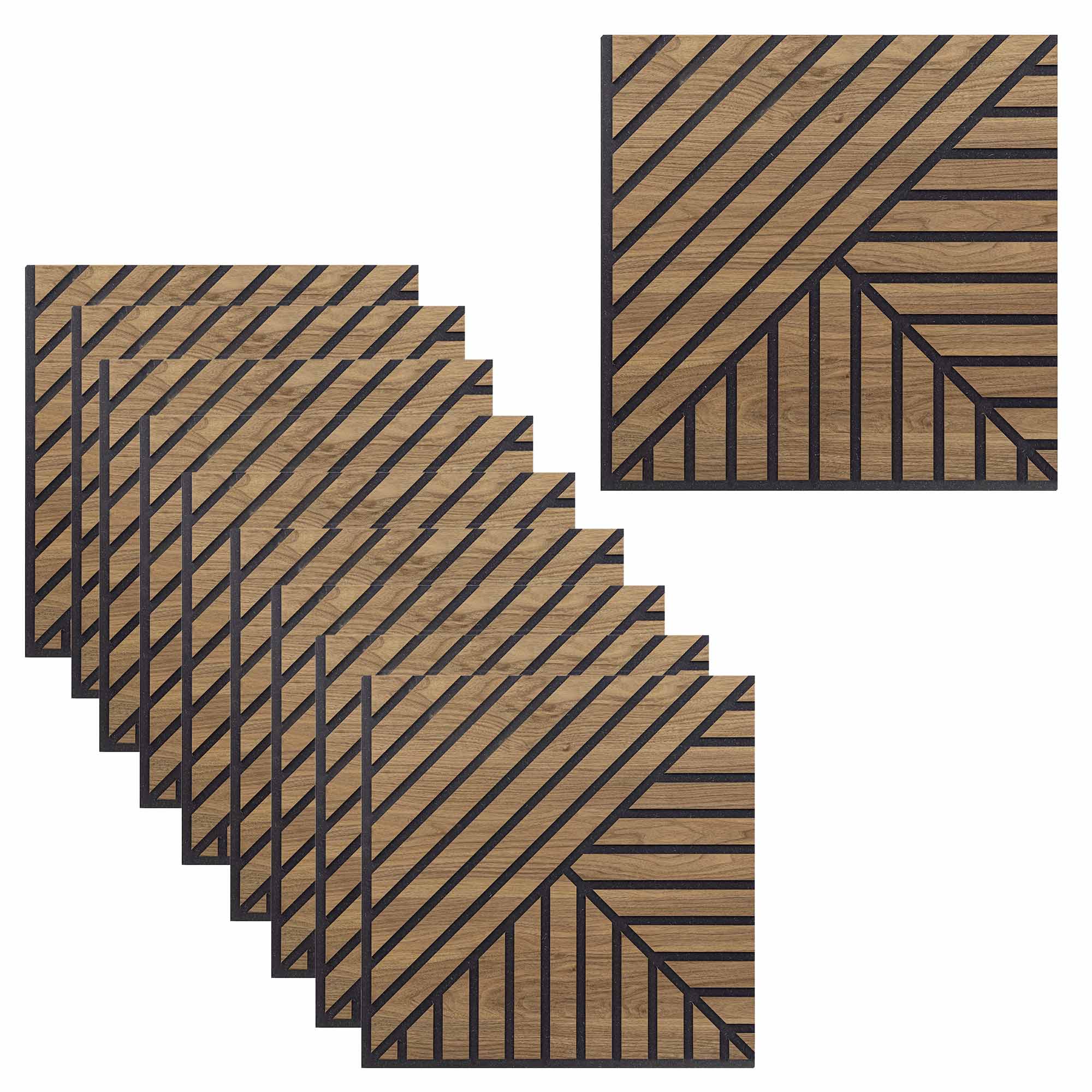 Set 10 Pannelli Decorativi Fonoassorbenti 58x58 cm in MDF Decoro A Tris Linee Noce Asia