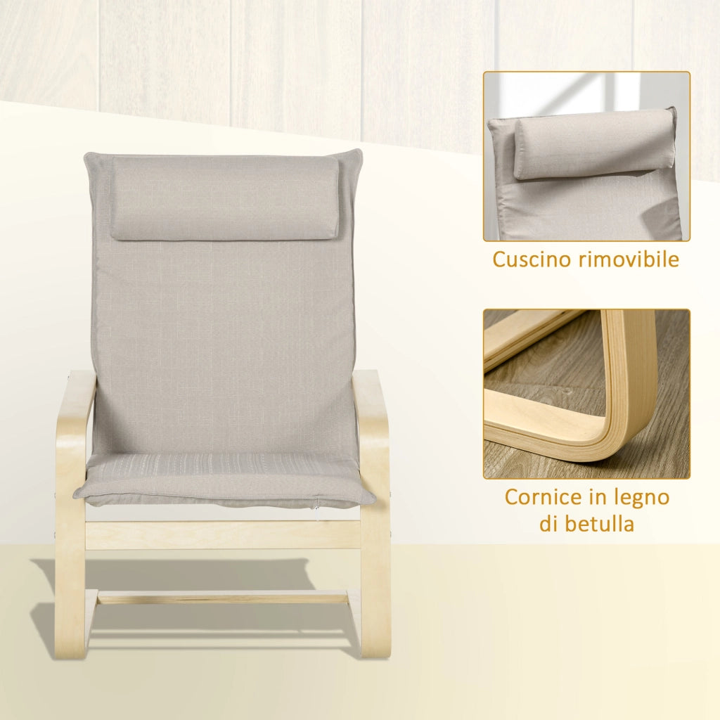 Poltrona Relax con Pouf Poggiapiedi in Legno e Tessuto con Poggiatesta, 67x69x100cm, Grigio