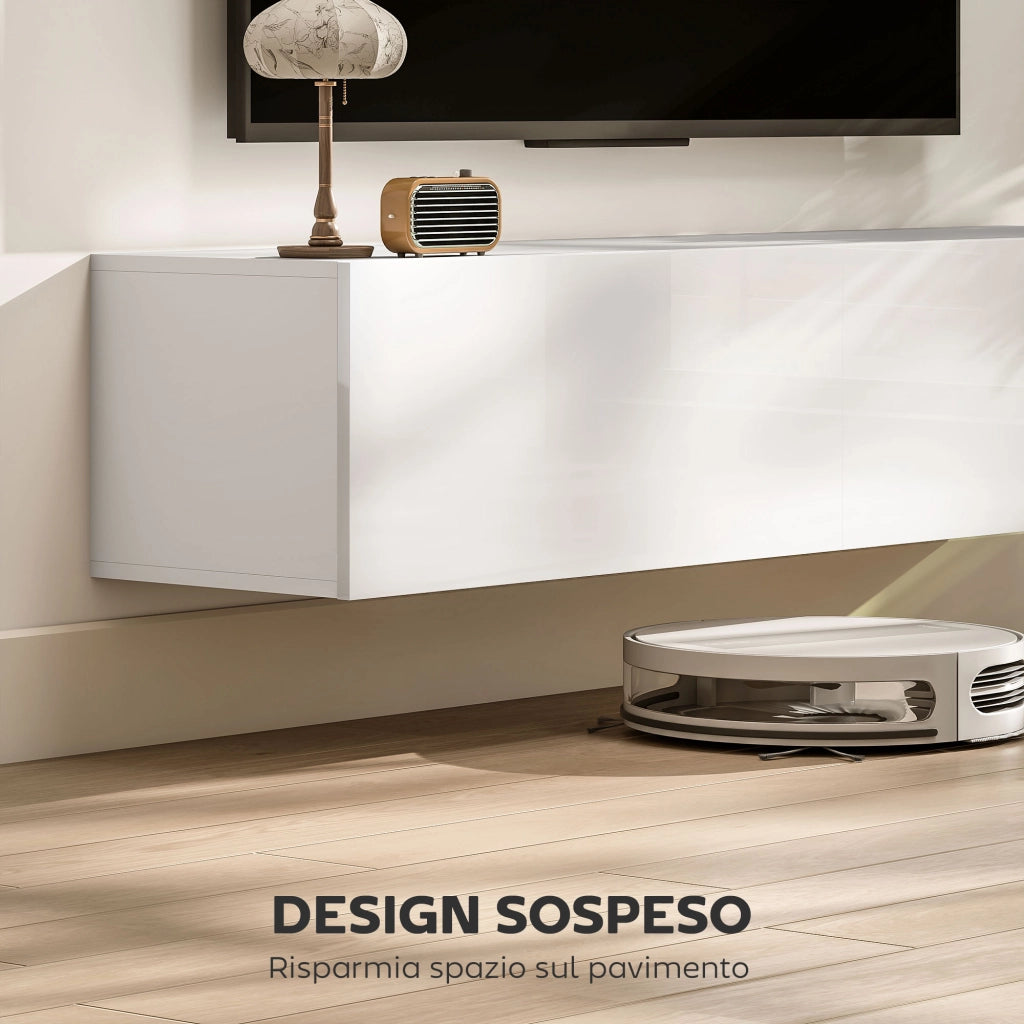 Mobile TV Sospeso con Ante a Ribalta e 2 Armadietti ¨C Zephmum ¨C Bianco 140x33x29.8 cm