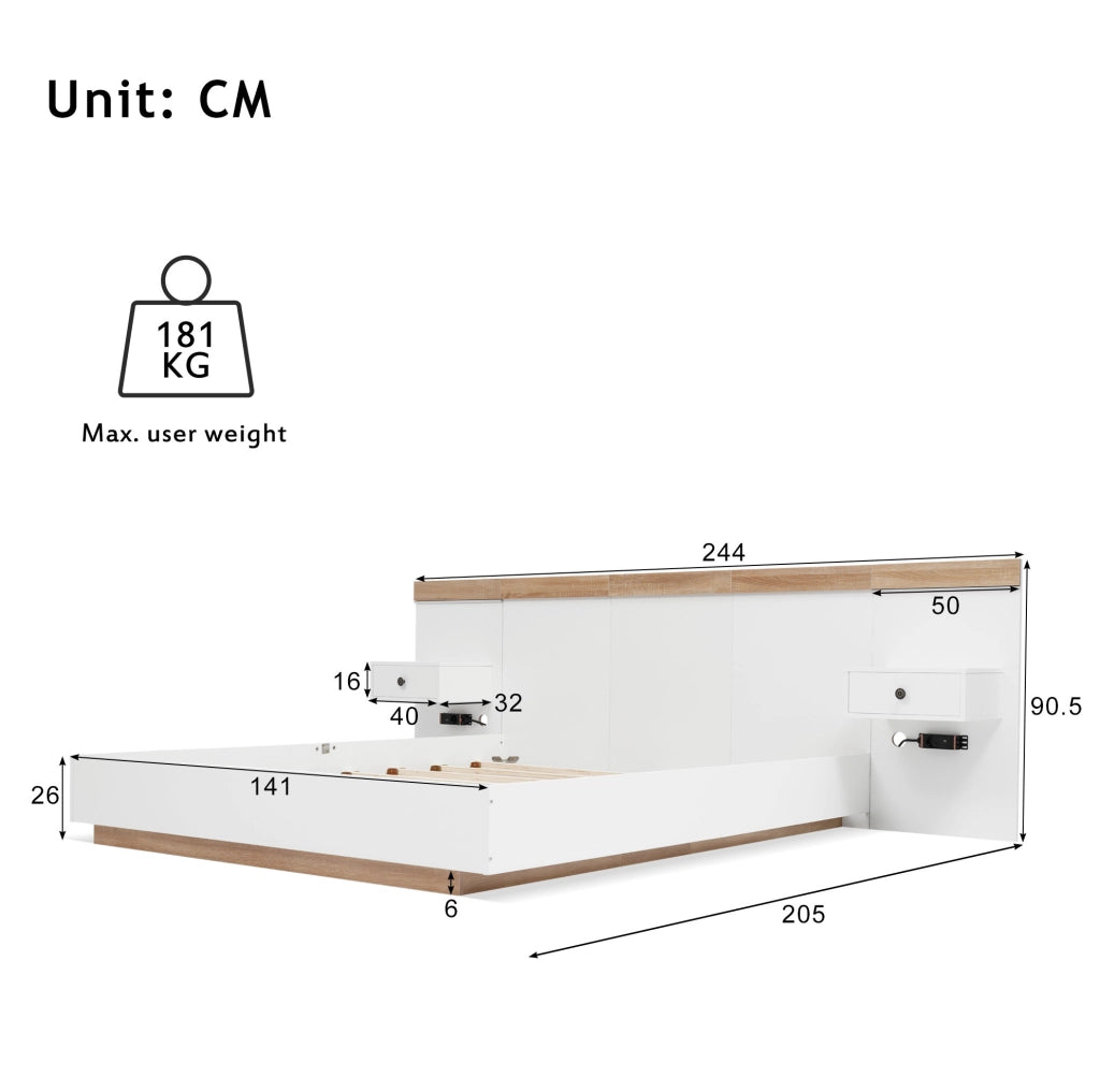 Letto matrimoniale 140x200 cm con comodini LED e prese USB-C