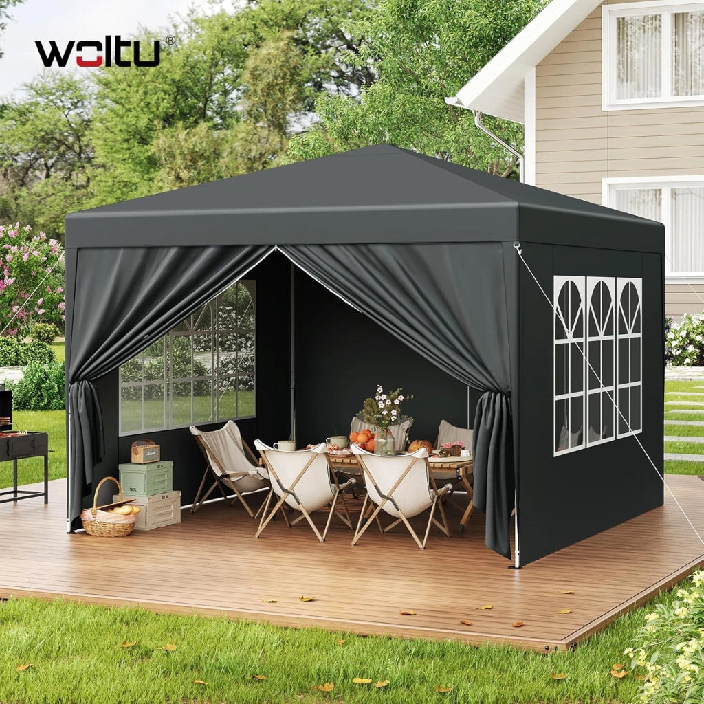 Gazebo da Giardino Richiudibile 3x3m Gazebo da Esterno Ferro Regolabile in Altezza Tendone Pieghevole con Telo Idrorepellente, Protezione Solare, Facile Montare Antracite