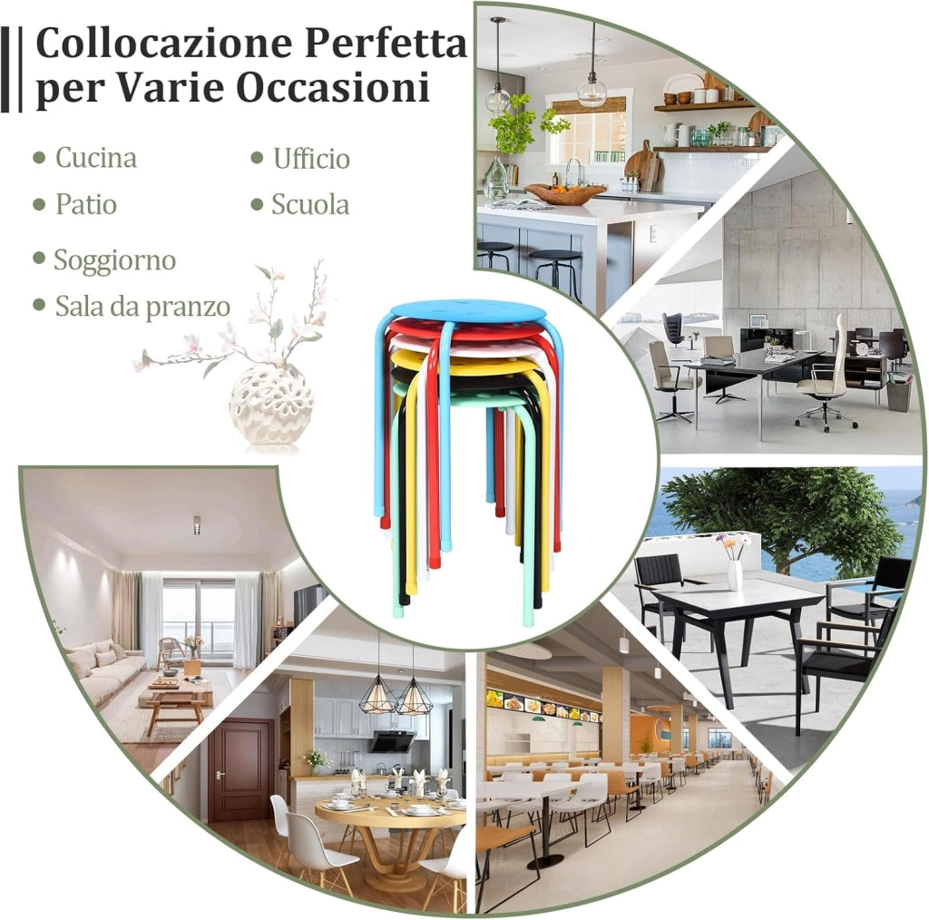 Set di 6 Sgabello Tondo Impilabile in Metallo, Sgabello Cucina Basso per Bambini Adulti, Sgabelli da Bar Casa Ufficio Aule, 30 x 30 x 44,5 cm (Colori Assortiti)