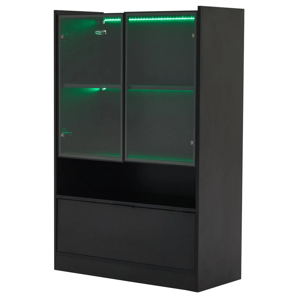 Vetrina LED Moderna con Ante in Vetro ¨C MINIMAL ¨C Nero Opaco, Truciolato, 120cm