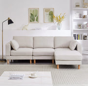 Divano Angolare 3 Posti con Poggiapiedi ¨C Xylo ¨C Beige, Tessuto Poliestere, Gambe in Legno Massello, 235x152x78 cm