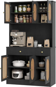 Credenza Alta da Cucina con Stazione di Ricarica, Armadio Dispensa con 2 Cassetti e Ante, Mobile Buffet con Ripiani Regolabili, per Sala da Pranzo, Soggiorno, 100 x 40 x 180 cm (Nero)