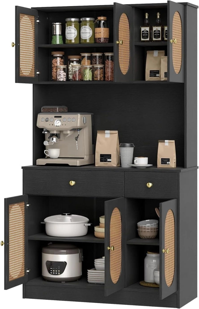 Credenza Alta da Cucina con Stazione di Ricarica, Armadio Dispensa con 2 Cassetti e Ante, Mobile Buffet con Ripiani Regolabili, per Sala da Pranzo, Soggiorno, 100 x 40 x 180 cm (Nero)