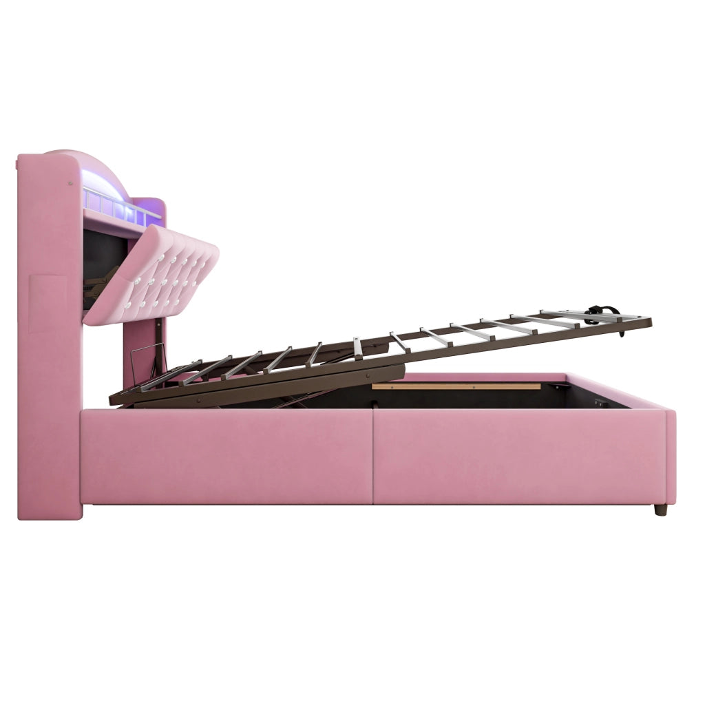Letto imbottito 90x200 cm; contenitore con LED e USB; tessuto; rosa