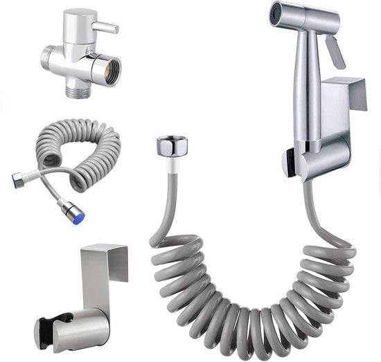 Bidetsproeierset con doppia valvola di scarico G1/2", set di spruzzatori in acciaio inossidabile, doccia manuale per igiene personale e pulizia bagno con tubo da 1,5 m e supporto