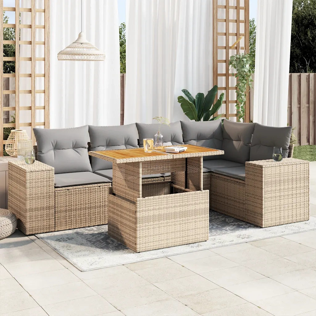 Set Divano da Giardino 6 pz con Cuscini Beige in Polyrattan
