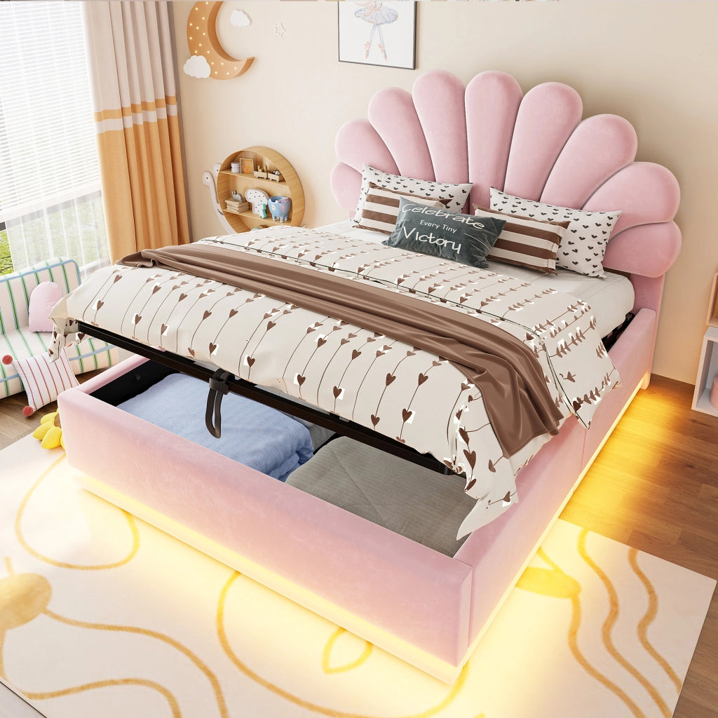 Letto contenitore matrimoniale 140×200 cm con testiera imbottita; LED e rete sollevabile; senza materasso; rosa