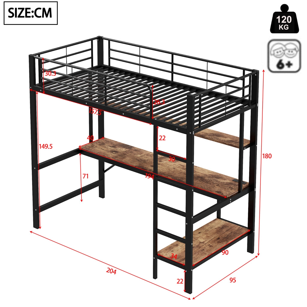 Letto a castello nero in metallo con funzione usb e presa elettrica 90x200 cm