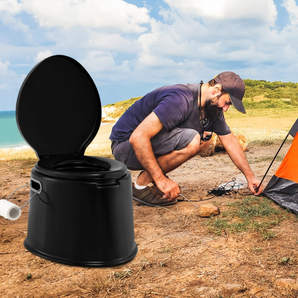 Toilette da viaggio portatile per esterni leggera con secchio interno rimovibile-Supporto per carta igienica rimovibile Nero