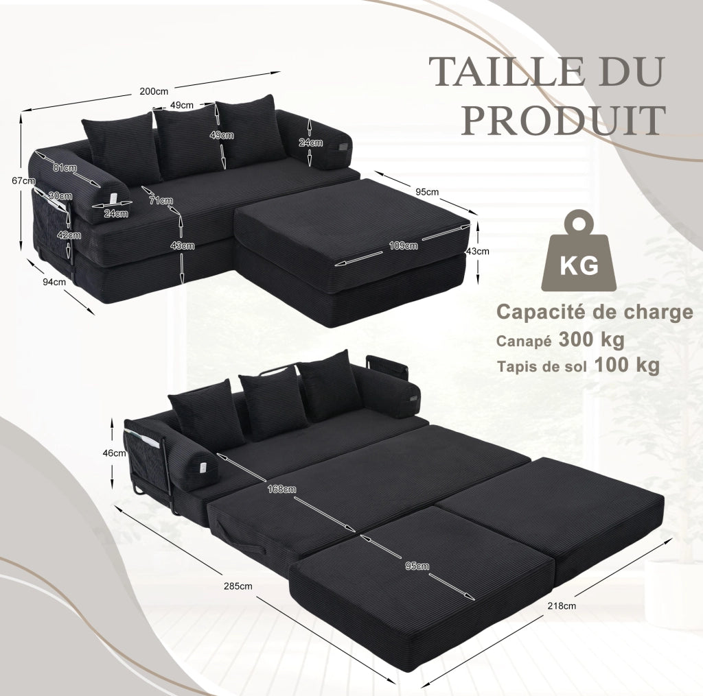 Sofa modulare in tessuto corduroy nero con struttura in metallo; 200 x 190 x 67 cm