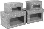 Cassa di archiviazione tessuti con coperchio (4 pezzi), cassa di archiviazione pieghevole per bambini, cassettone per giocattoli con coperchio, maniglie e finestre, sistema di archiviazione, armadio per abiti, cameretta per bambini e ufficio, 2 misure