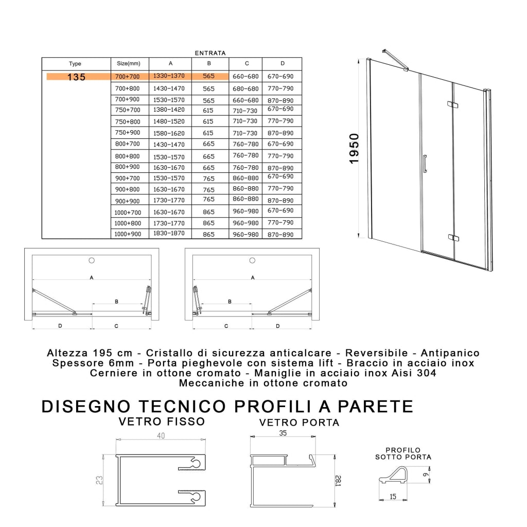 Porta Parete Doccia 135 cm 1 anta a Libro in Cristallo trasparente 6mm H195 Bonussi Lorena