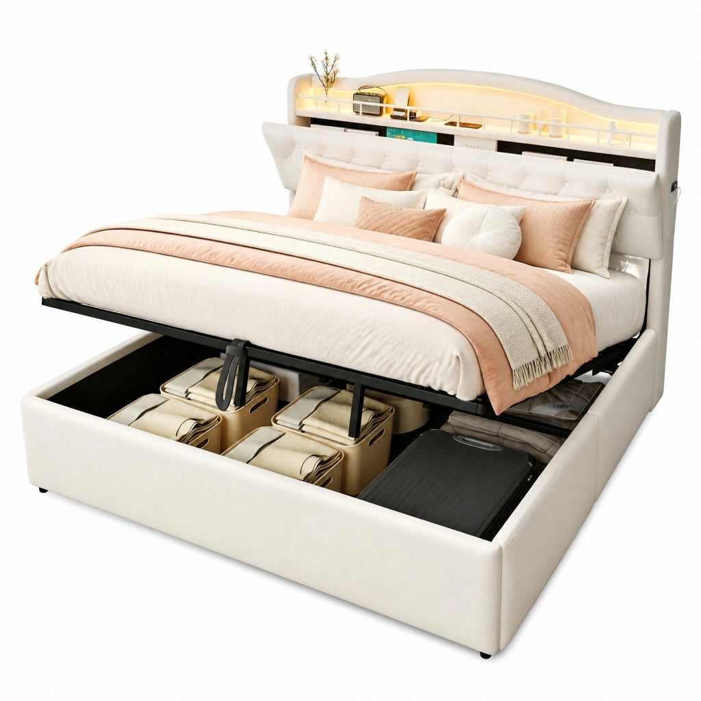 Letto contenitore matrimoniale con USB; USB-C; LED e vano testiera 180 × 200 cm; senza materasso