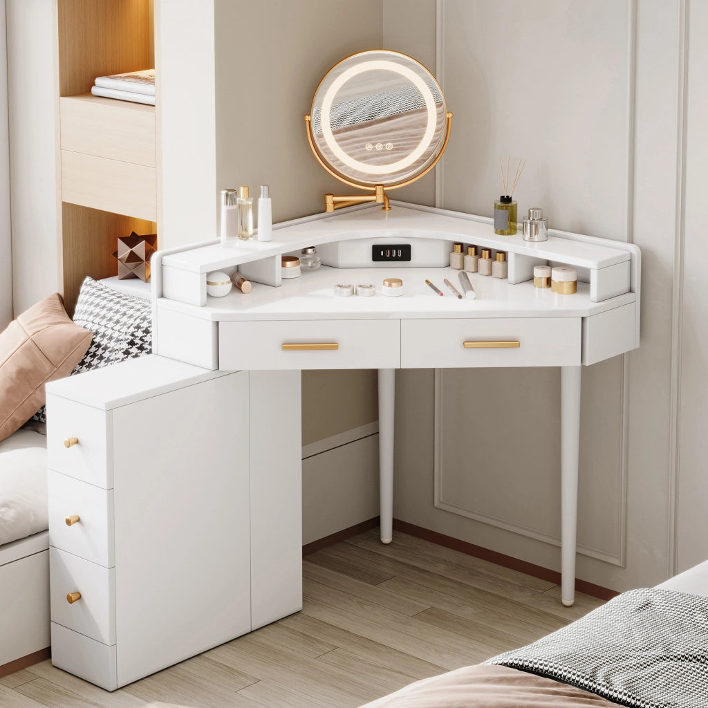 Scrivania Angolare Toeletta con Specchio LED e 5 Cassetti ¨C MINIMAL ¨C Bianco 105.5x75x120 cm