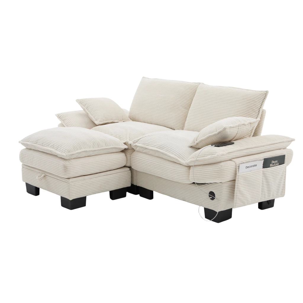 Divano 2 Posti con Poggiapiedi ¨C MINIMAL ¨C Beige, Tessuto, Cuscini