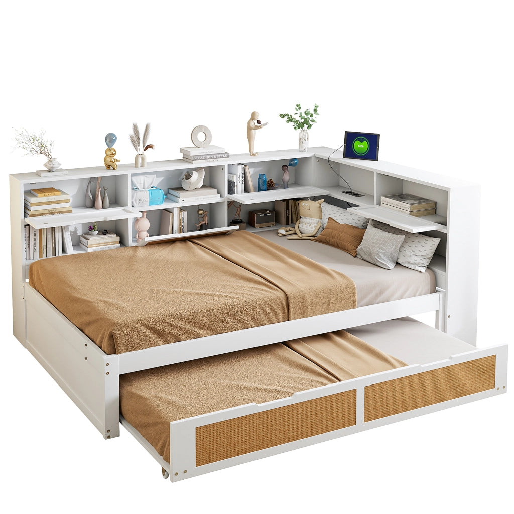 Letto Estraibile 140x200 cm; Letto Singolo - USB; Presa; Contenitore in Legno Bianco