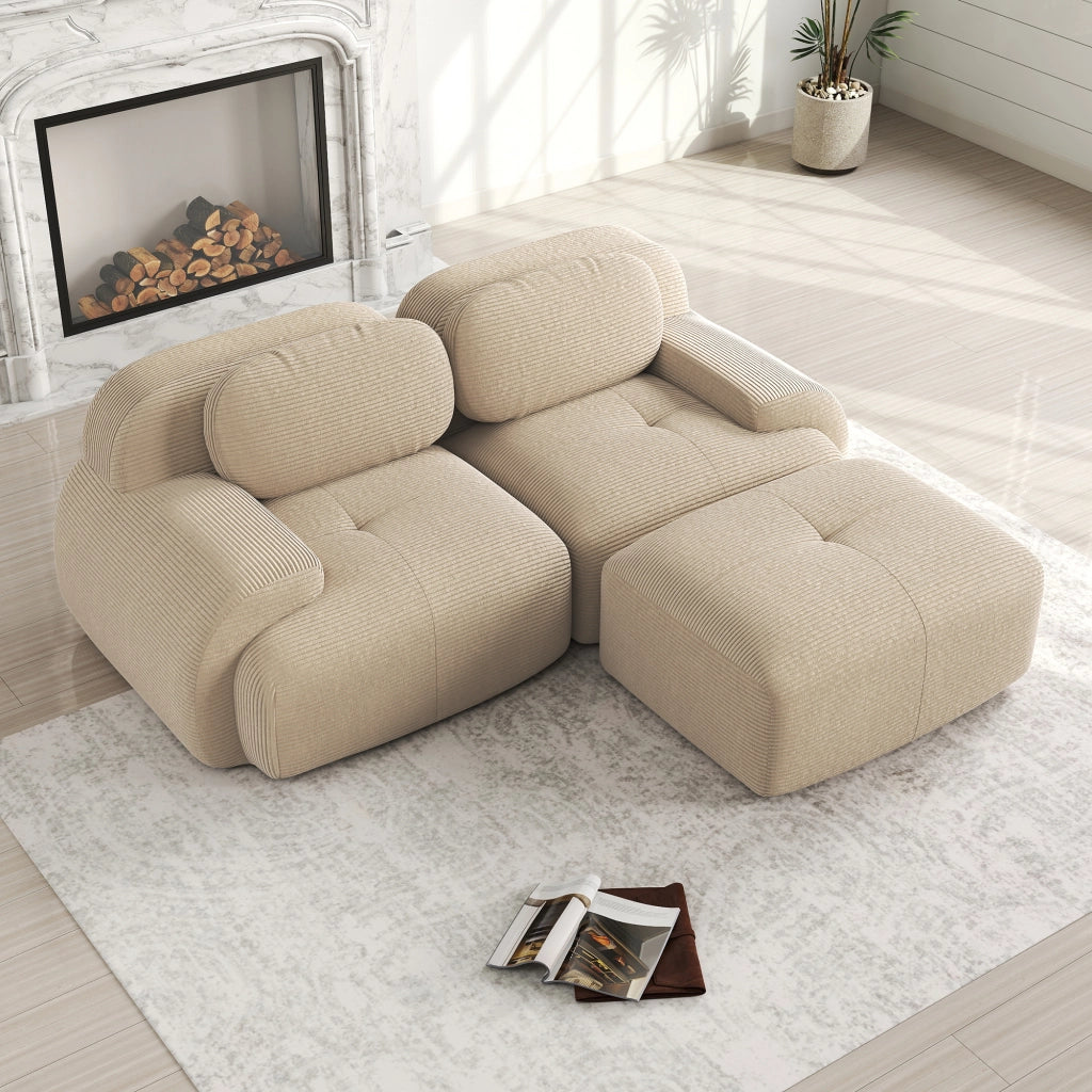 Divano angolare modulare senza montaggio con braccioli curvi in velluto a coste beige