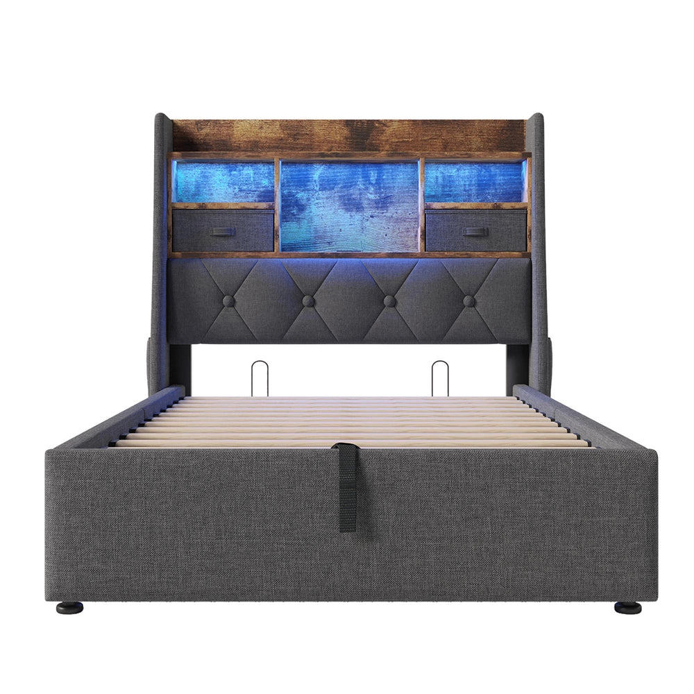 Letto 90x200cm?- Xylo - idraulico 4 USB lino grigio