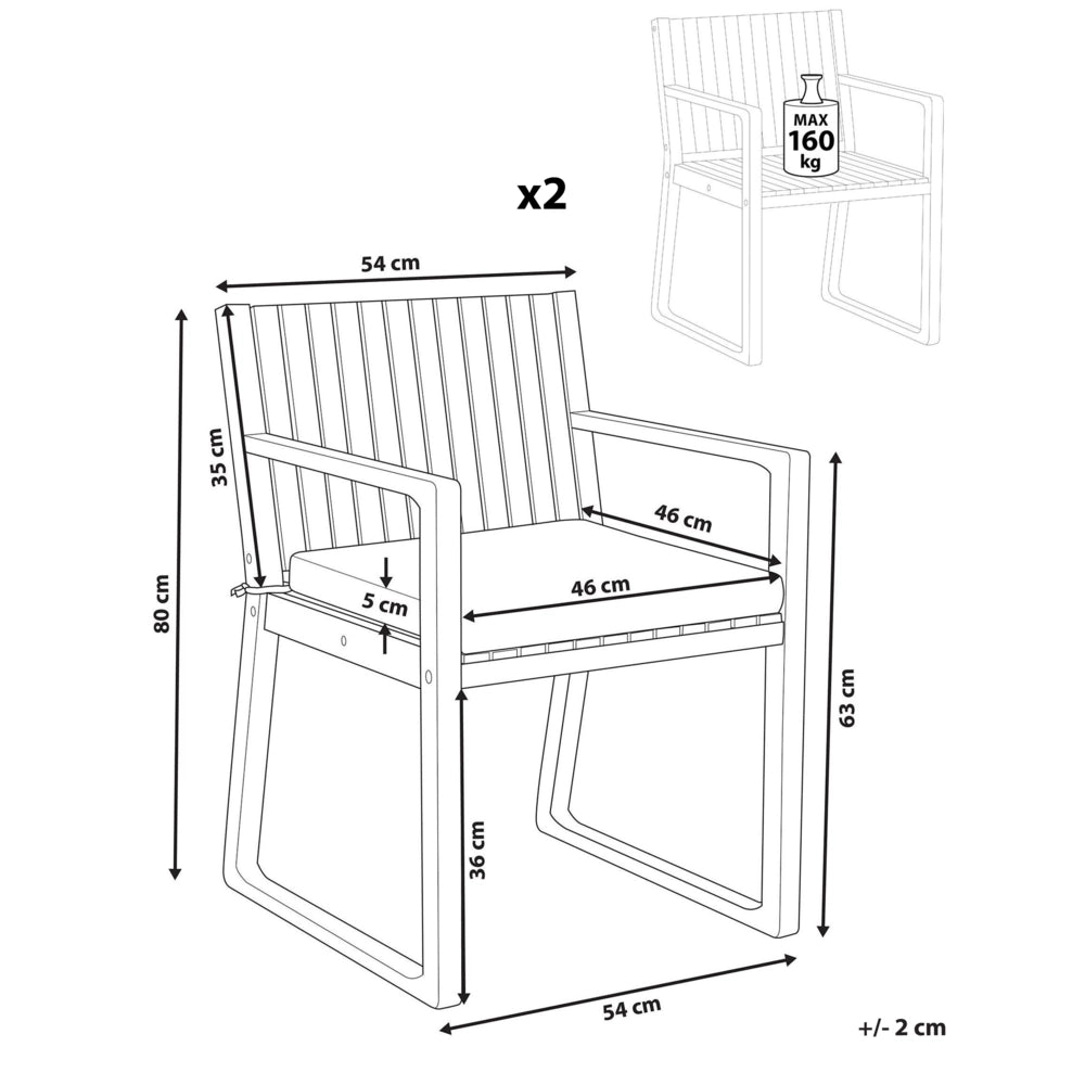 Set di 2 sedie da pranzo da giardino per esterni in legno d'acacia con cuscini tortora resistente agli agenti atmosferici dal design classico