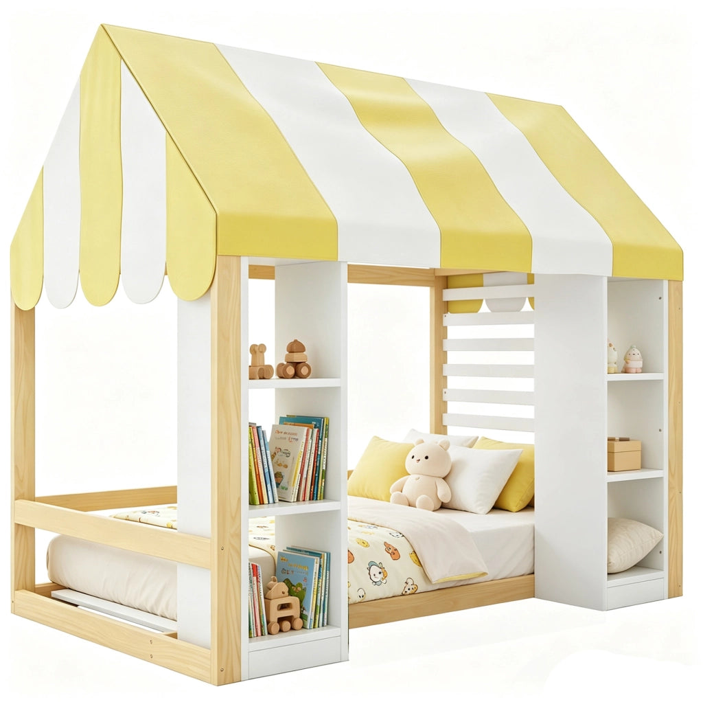 Letto bambini 90x200 cm con baldacchino e vani portaoggetti; bianco e colore naturale