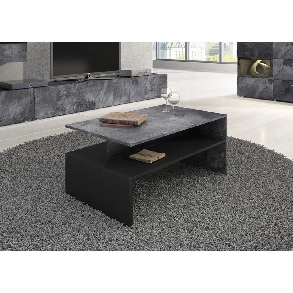 Tavolino design RAMOS - Grigio effetto ardesia e nero - Ripiano intermedio - Stile contemporaneo