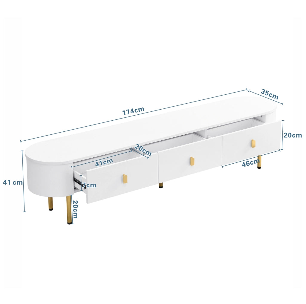 Mobile TV moderno 174 cm in MDF bianco con 3 cassetti; maniglie e gambe dorate
