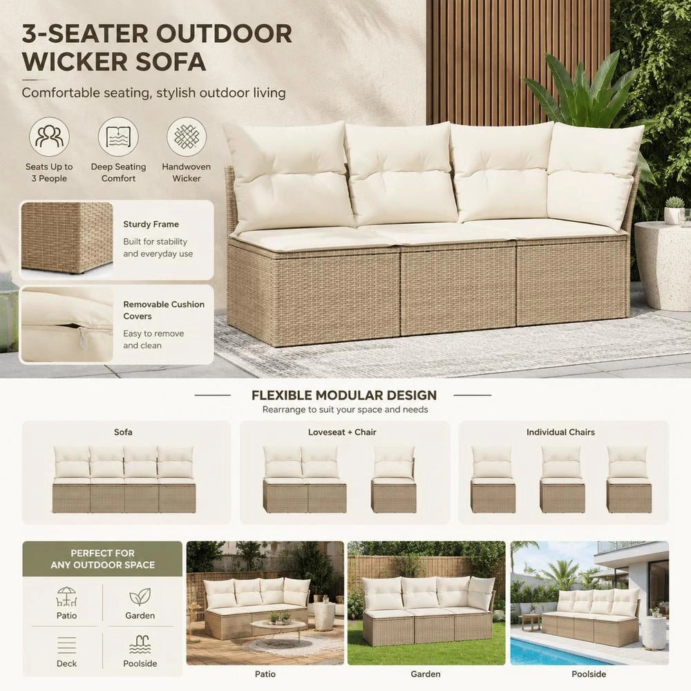 Garden Sofa With Cushions 3-seater Beige Poly Rattan