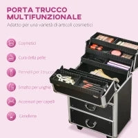 Trolley Valigetta Porta Trucchi Professionale, Blocco con 2 Chiavi e Ruote, Nero 36x23x52cm
