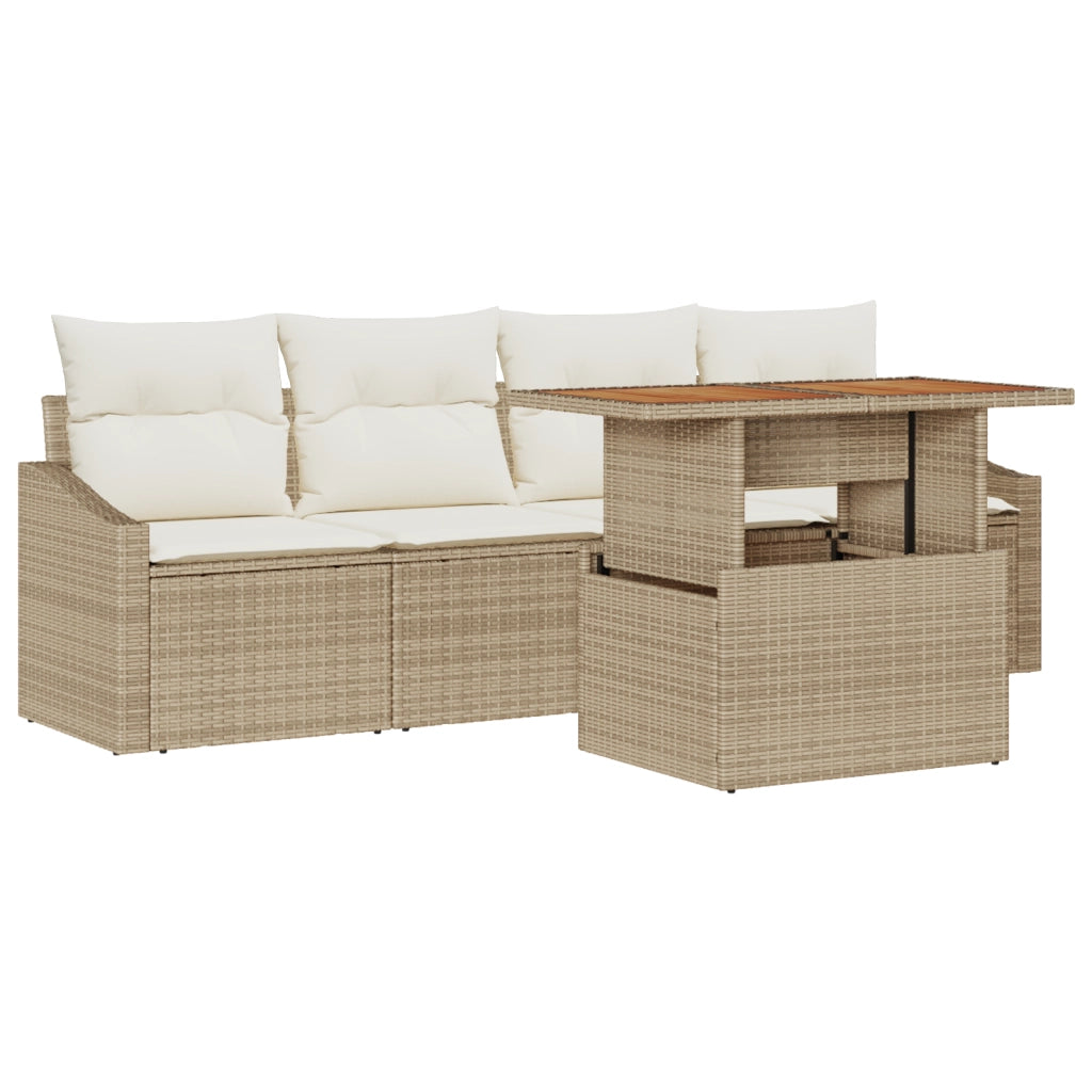 Set da Pranzo in Giardino 5 Pezzi con Cuscini Beige Polyrattan Acacia